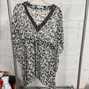 Animal Print Sheer Tunic Beaded Neckline 100% Silk Cover Up - BRAND NEW - Small